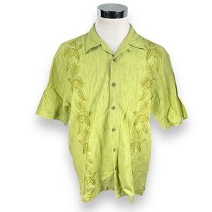 Tommy Bahama Shirts Men Large Green Floral Short Sleeve Embroidered Linen Cotton